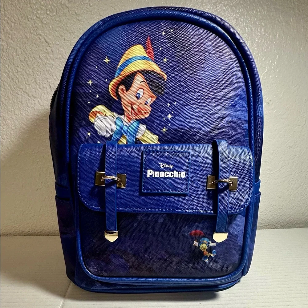 Disney Pinocchio Purse Backpack 11″ Faux Leather Travel Blue Bag Jiminy Cricket